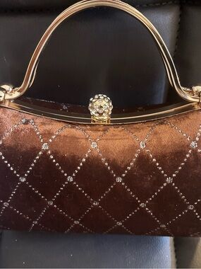 Gold-Trim Brown Velvet Evening Clutch with Crystal Accents